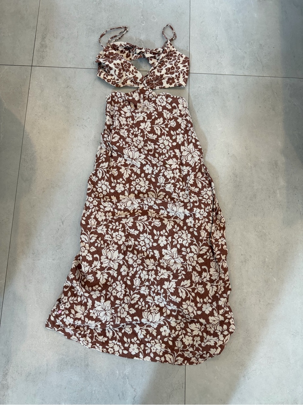 Abercrombie & Fitch Brown Floral Linen Blend Cutout Midi Dress Size M - Picture 1 of 5